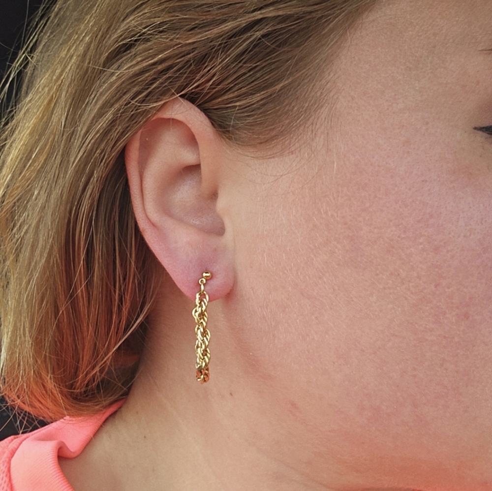 Vintage 1980s Gold Tone Rope Chain Hoop Dangle Earrings